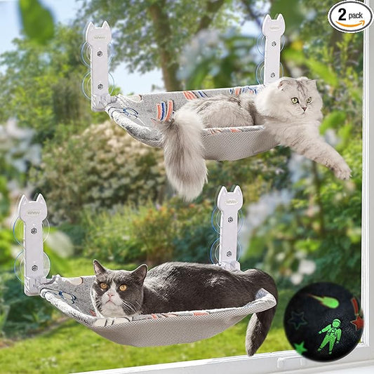 HiPetpy 2 Pack Cat Window Perch, Glow in The Dark Foldable Cat Hammock with Sunken Design & Removable Soft Cover, Breathable Cordless Window Bed for Resting Indoor Kitten (Shallow Perch, 2 Pack - M)