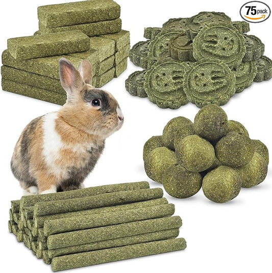 ERKOON 75Pcs Bunny Chew Toys, 100% Natural Timothy Hay Biscuit&Treats Sticks, Chew Toy for Teeth for Rabbit Chinchilla Guinea Pig Hamster Gerbil Squirrel, 25.5oz