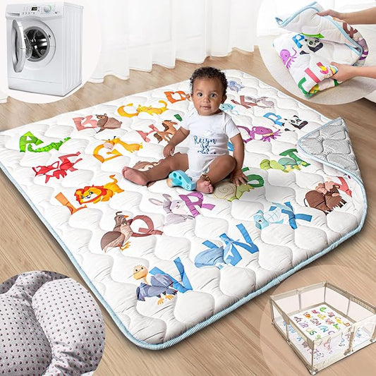 Baby Play Mat, 47x47 Mat with Super Soft Touch, Activity Mats with Upgraded Anti-Slip Bottom, Machine Washable Crawling Playmat for Floor & Picnic(Animal Alphabets)