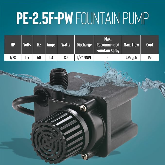 Little Giant PE-2.5F-PW, 115V, 475 GPH Small Submersible Pump, 15' Cord | 1/28 HP, For Fountains/ Small Ponds/ Hydroponics/ Recirculation, Epoxy-coated Aluminum, Manual (no switch), 566612