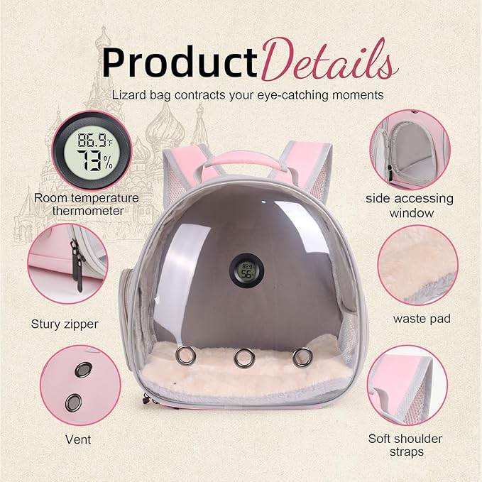 Bearded Dragon Travel Backpack Carrier with Reptile Thermometer and Humidity Gauge Lizard Travel Cage Space Capsule Clear Bubble Window Astronaut Reptile Bag for Ball Python (Pink, Backpack+PG LSH)
