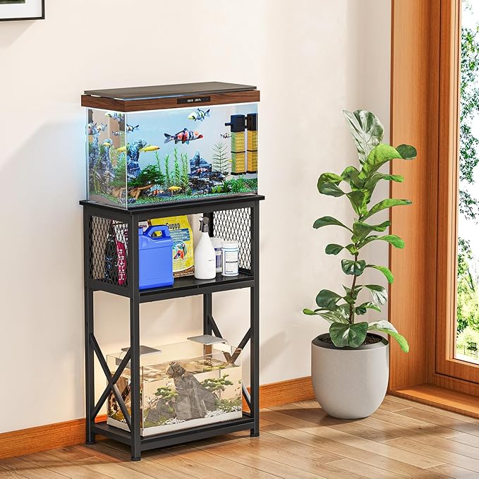 Snughome 10 Gallon Aquarium Stand with Storage, 3 Tier Heavy Metal Fish Tank Stand Shelf 20.47" x 11.42" x 30.91", Black