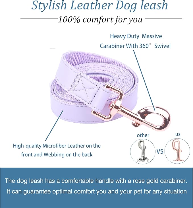 Dog Collar and Leash Set.Soft and Easy to Clean Vegan Leather with Rose Gold Metal Buckle for Small Medium Large Dogs (Light Purple, M(13.8"-19.7"))
