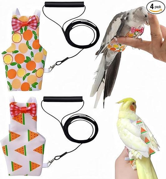 2Pcs Bird Diapers Bird Harness Flight Suits Diapers with 2Pcs 80 Inch Flying Leash Parrot Nappy Pigeon Pants Urine Wet Suit for Cockatiel Conure Macaw Budgies Parakeet-Watermelon&Orange