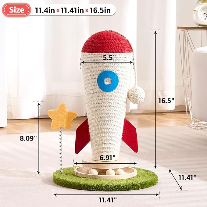 Cat Scratching Post, Rocket Cute Sisal Cat Scratcher with Durable Solid Wood Turntable Toy, Cat Scratch Post Red Cat Scratcher with Spinning Star Toy for Indoor Adult Cats
