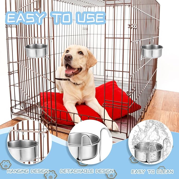 Layhit 6 Pcs 10 oz Kennel Pet Hanging Bowl Stainless Steel Coop Cup with Hanger None Spill Dog Crate Water Bowl Kennel Dog Rabbit Food Dish for Cage Cats Birds Chicken Reptiles