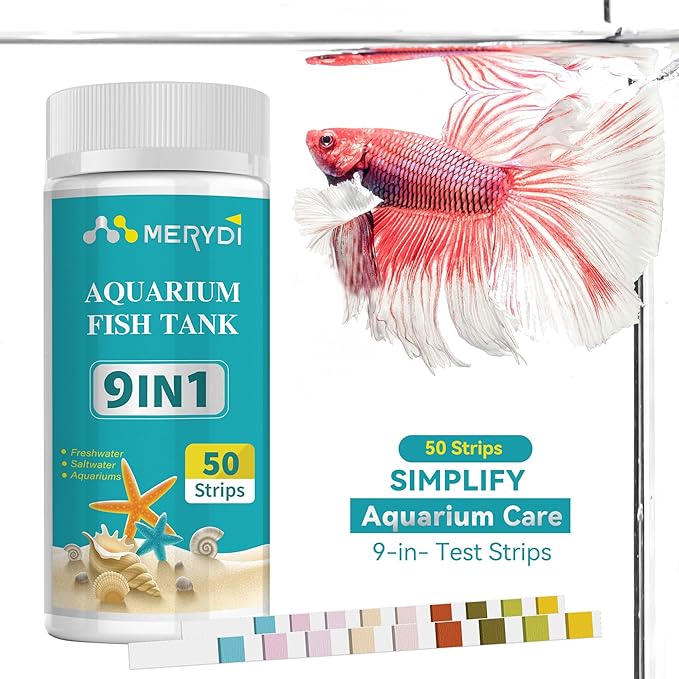9-Way Aquarium Test Strips,50 Strips Aquarium Test Kit for Fish Tanks & Ponds, Quick & Accurate Water Testing Iron Copper Sodium Chlorine Nitrate Nitrite Total Alkalinity Hardness Free Chlorine pH