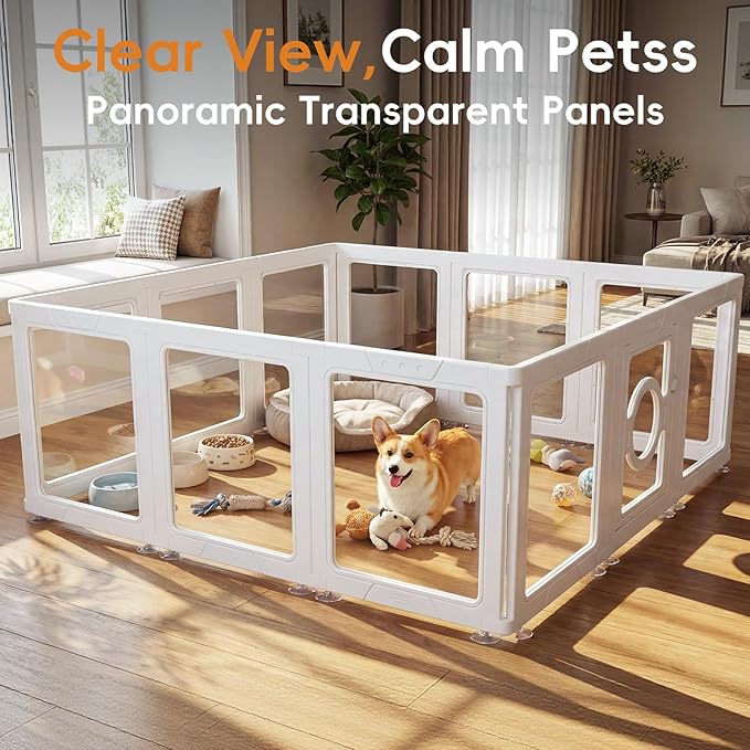 JEKO&JEKO Clear Acrylic Dog Playpen Indoor, Transparent Pet Play Pen for Puppies, Small Dogs, Cats & Rabbits, Easy Assemble Plastic Dog Fence, Easy to Clean (White, 8 Panels)