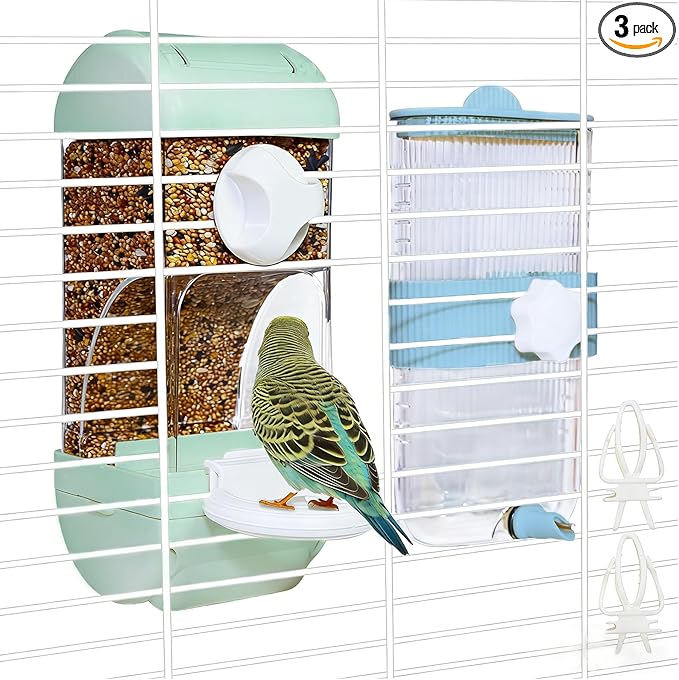 Automatic Bird Feeder Waterer Kit Bird Cage Hanging Waterer Parakeet Leak-Proof Feeder Parrot Vegetable Clips Cage Accessories for Budgies Lovebirds Finches Canaries Parrotlets Conures (Green)
