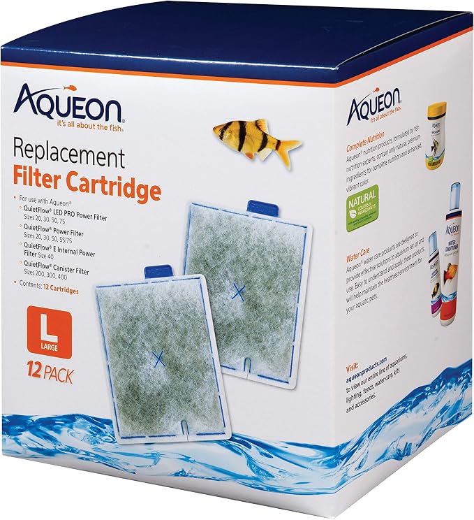 Aqueon Replacement Filter Cartridges Large - 12 Pack | Aquarium filter cartridge with dual-sided dense-floss, activated carbon, and FRONT tab for easy installation