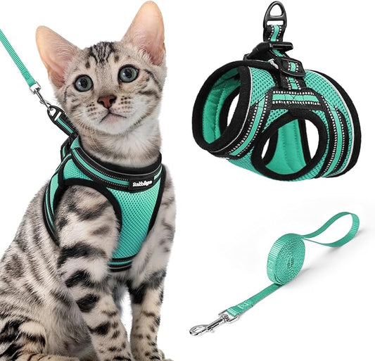 rabbitgoo Cat Harness and Leash Set for Walking Escape Proof, Adjustable Soft Kittens Vest with Reflective Strip for Cats, Comfortable Outdoor Vest, Green, XL