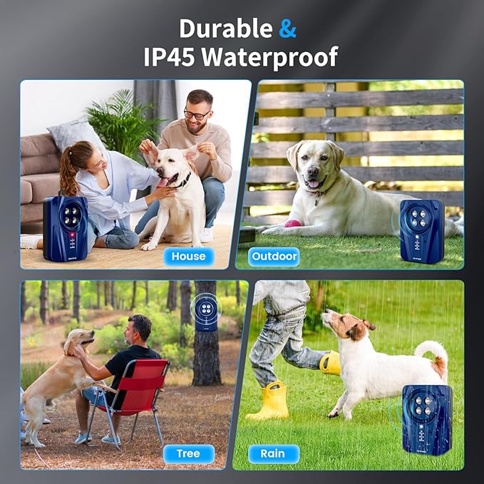 Queenmew Dog Bark Deterrent Devices, Automatic Anti Barking Device with 4 Ultrasonic Transmitters Long Range 50FT, 3 Mode Rechargble Barking Control Devices, Effective Stop Bark Box Outdoor & Indoor