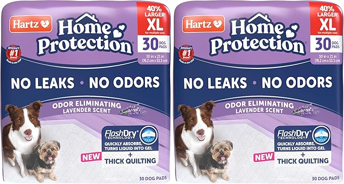 Hartz Home Protection Super Absorbent Odor Eliminating Lavender Scented No Leak Dog Pads,XL 30 Count (Pack of 2)