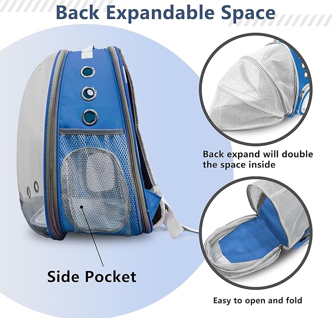 Pet Carrier Backpack Expandable for Cats and Small Dogs, Breathable Anti-Collapse Design, Airline Approved Travel Backpack for Hiking and Outdoor Use (Back Expandable-Blue)
