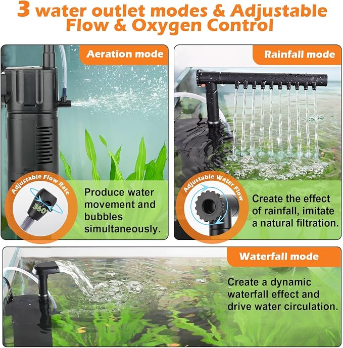 hygger Aquarium Internal Filter, Flow Rate Adjustable 4 in 1 Submersible Fish Tank Filter with Aeration System,Filtration/Oxygenation/Waveker/Circulation (for 5-15 Gallon Tank)