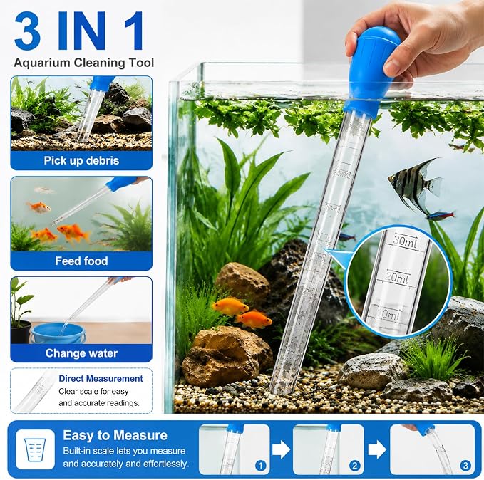 Aquarium Gravel Cleaner Kit, Semi-Automatic Siphon for Fish Tanks | Gravel & Sand Compatible Removes Fish Waste & Debris Water Change Made Easy Cleaning Brush Thermometer Strip Included