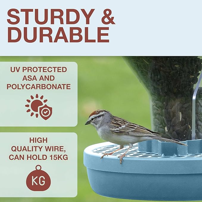 SWISSINNO Bird Feeders - No Mess Hanging Bird Feeder for Outdoors - Smart Birds Davos Spill Proof Wild Cardinal & Small Bird Feeder with Integrated Seed Catcher Tray - Dual Chamber - Light Blue