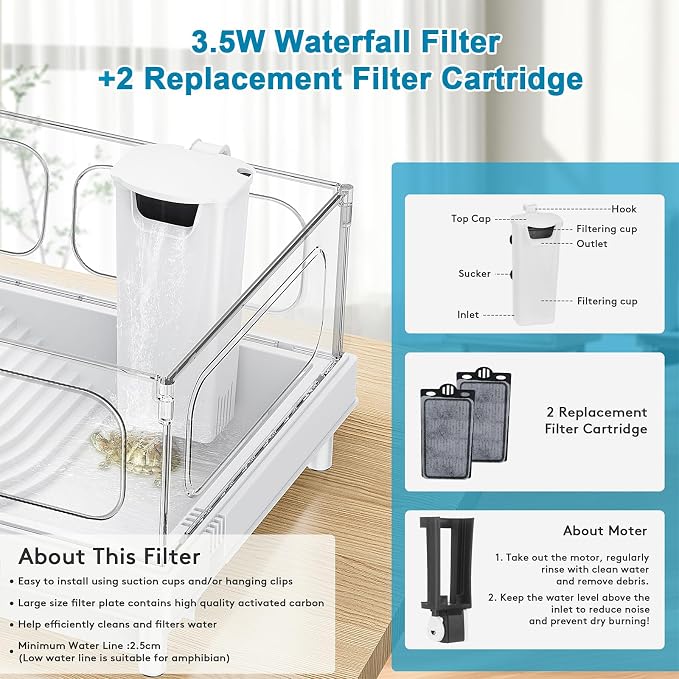 Small Turtle Tank with Filter for Baby Turtles | White Clear-Panel Habitat, with Basking Platform and Bottom Drain, Low-Water Starter Aquarium, for Crabs and Small Reptiles