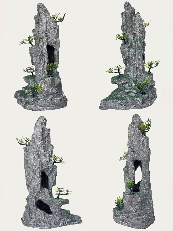 Aquarium Decor - Tall and Large Mountain Rock Ornament for Fish Tank, Aquarium Hideout with Rock Texture for Betta, Guppy, Shrimp - Safe Aquatic Decoration, Fish Hiding House（Grey）