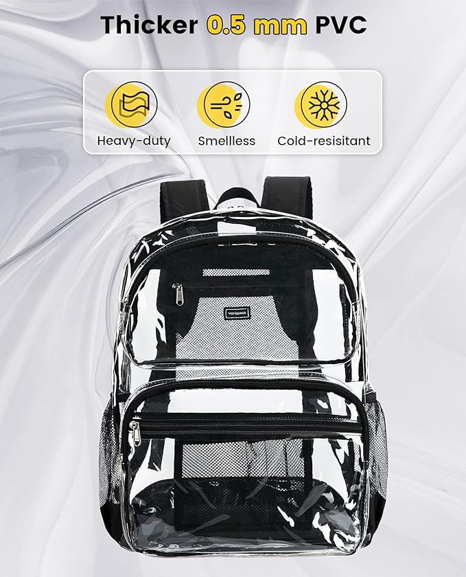 Vorspack Clear Backpack for School - Heavy Duty See Through Bookbag for Girls Boys Extra Large Transparent Backpacks for Work, Travel - Black