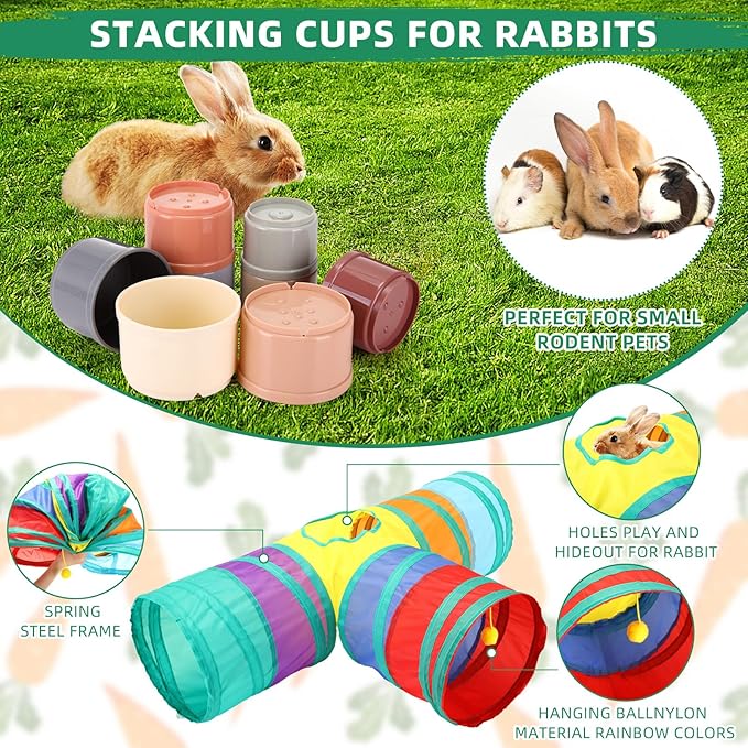 34 Pcs Rabbit Starter Kit Rabbit Litter Box Small Animal Water Bottle Stacking Cups Bunny Tunnels Animal Grooming Kit Bowl Blanket with Cleaning Set for Guinea Pig Bunny Accessories (Pink)