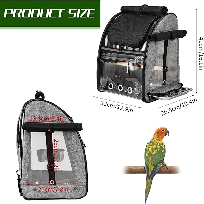 Bird Carrier Bag with Indestructible Stainless Steel Mesh, Bird Travel Cage with Stand, Easy to Clean Backpack for Parrot, Portable Bird Travel Bag, Grey