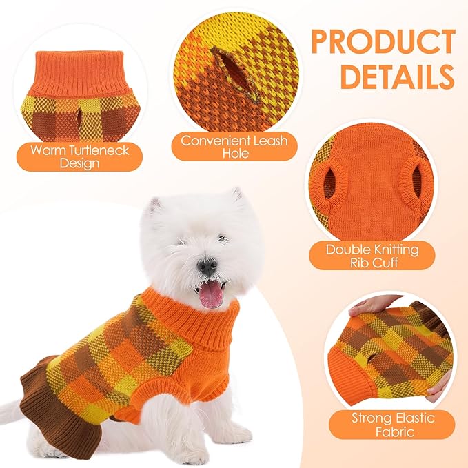 Dog Sweater Dress Plaid Knitwear for Small Medium Dogs Warm Puppy Pet Turtleneck Stretch Pullover Cute Fall Winter Vest Clothes with Leash Hole for Christmas (Orange, XS)
