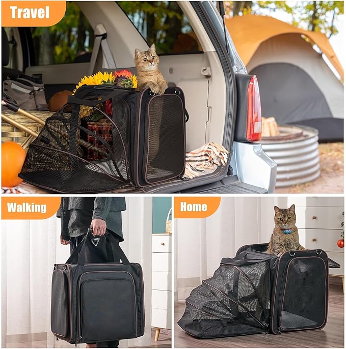 Large Cat Travel Carrier with Litter Box, 17.3"×13"×16" Expandable Cat Carrier for Car Travel, Soft Sided Pet Carrier for Cats/Puppies up to 25lbs, Black