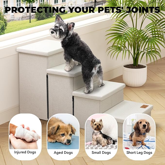 Zerbuger Dog Stairs with Storage 23" H, 4-Step Wider Dog Steps for High Beds Window, Folding Sturdy Pet Stairs Gift for Small/Medium/Large Old Dogs Cat, Ramp for Climbing Car Up to 200 lbs, Beige