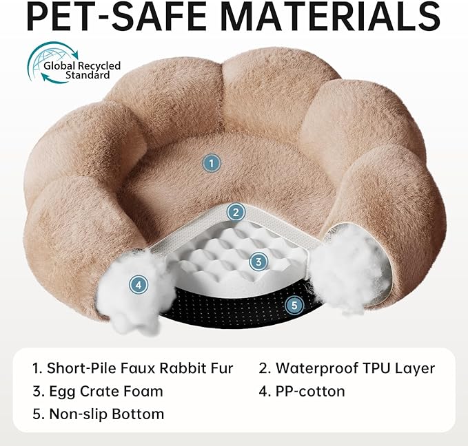 OhGeni 31 inches Calming Donut Dog & Cat Bed for Medium Pets, Warming Comfort Fluffy Short Pile Fur, Durable Waterproof Machine Washable Removable Cover, Cute Round Bed for Puppy, Camel