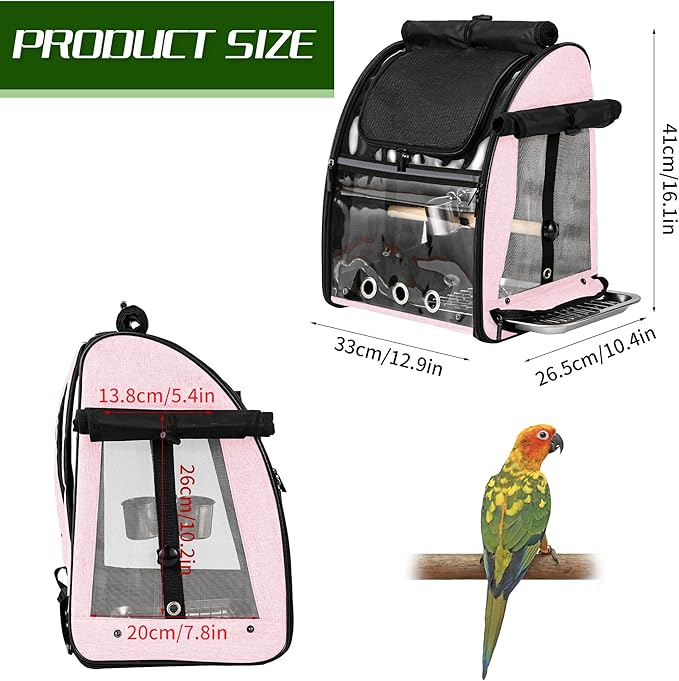 Bird Carrier Bag with Indestructible Stainless Steel Mesh, Bird Travel Cage with Stand, Easy to Clean Backpack for Parrot, Portable Bird Travel Bag, Pink