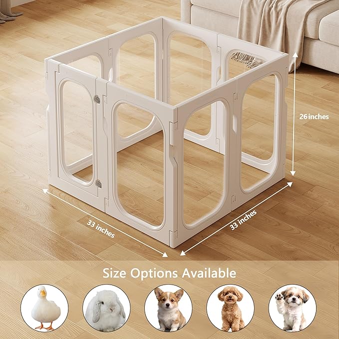 Acrylic Clear Dog Playpen Indoor with Door, 26'' H Transparent Dog Play Pen for Small Dogs, No-Connector Modular Puppy Playpen with Integrated Suction Cups Base, 8 Panels, White