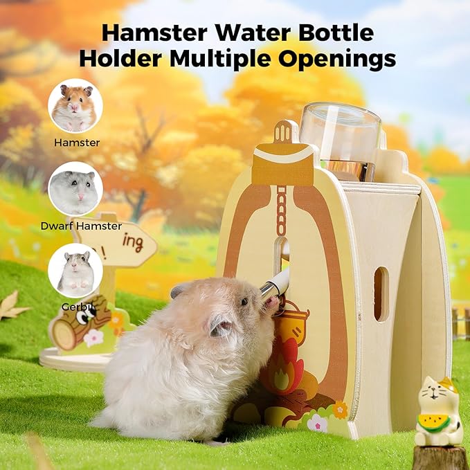 Mni&moe Hamster Water Bottle for Glass Tank – 4 oz Guinea Pig Water Bottle No Drip with Wooden Holder Small Animal Water Dispenser Hamster Cage Accessories for Rats, Chinchilla, Gerbils