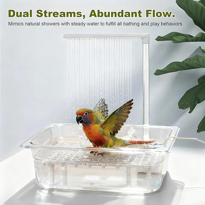 Bird Bath Tub with USB Pump, Automatic Bird Shower with Transparent Acrylic Basin, Transparent Acrylic Basin & Mesh Perch for Parakeets, Cockatiels, Conures, Budgies