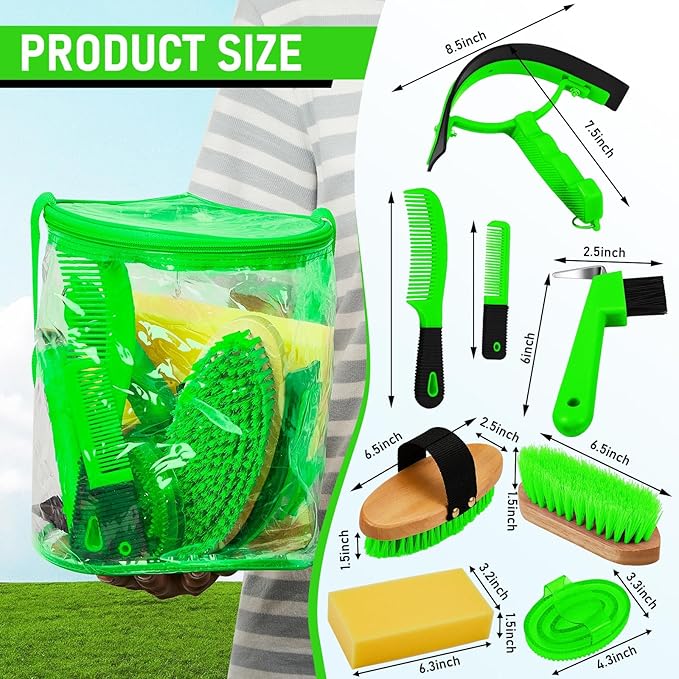 Cunhill 9 Pcs Horse Grooming Kit Tack Room Supplies Set with Tote Bag, Oval Massage Curry, Hard and Soft Brush, Hoof Pick, Sweat Scraper, Bathing Sponge, Comb for Horse Rider(Cute,Green)
