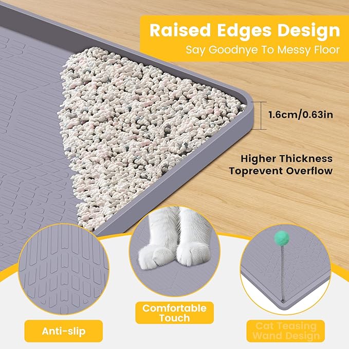 Silicone Cat Litter Mat with Toy, 38x25 Inch Large - Waterproof, Easy Clean Trapping Mat for Kitty Litter Box, Non-Slip Litter Box mat for Hardwood Floors & Carpet Protection (Grey)
