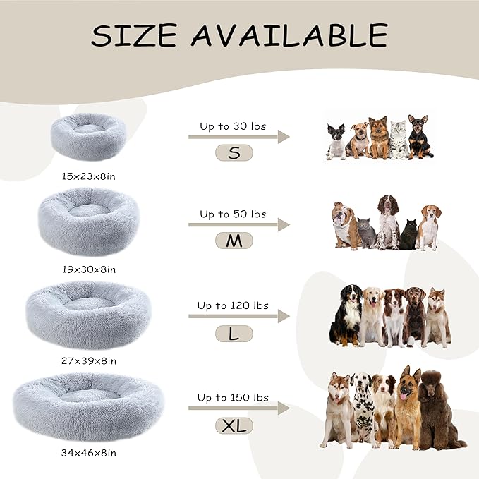 Bunlitent 46'' inch Calming Dog Bed, Plush Anti-Anxiety Donut Dog Bed for Large Dogs, Warming Cozy Soft Cute Round Washable, Marshmallow Cuddler Nest Pet Bed, Grey