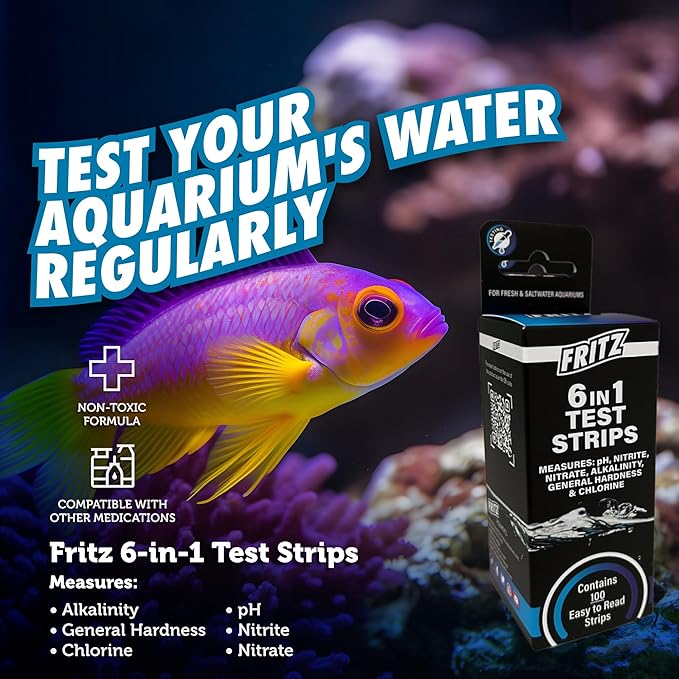 Fritz 6 in 1 Aquarium Test Strips - Monitor Nitrates, Nitrites, Water Hardness, Chlorine, Alkalinity and pH Level - 100 Count