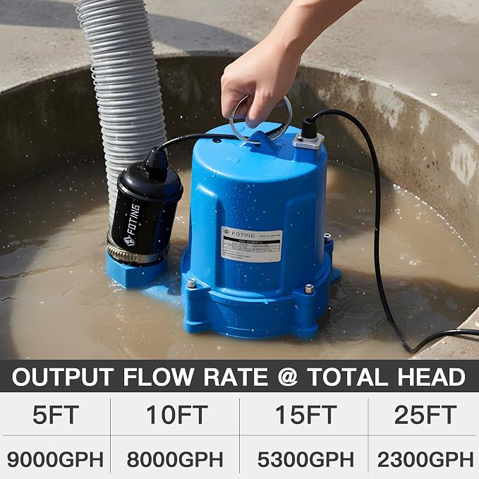FOTING 1.5HP 9000GPH Sump Pump Submersible Sewage/Effluent Pump | Heavy Duty Cast Iron Automatic/Manual, 2'' NPT Discharge Septic Pump for Sump Basin/Residential/Sewage/Basement, Blue