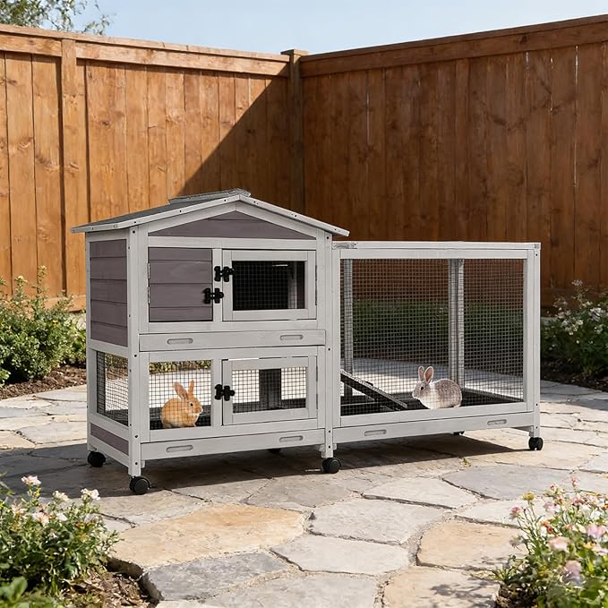 Large Rabbit Hutch Indoor Outdoor, Wooden Rabbit Cage with Wheels, 62'' Mobile Bunny Cage with Chew-Proof Ramp, Pull-Out Tray, Waterproof Roof, Guinea Pig Habitat (Grey)
