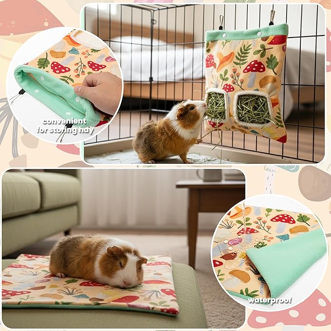 Guinea Pig Hideout, 4 Pack Fleece Cute Small Animal Tunnel & Hay Feeder Bag & Mat & Corner Hideout Cage Accessories for Guinea Pigs, Rabbit, Bunny, Ferret, Chinchilla, Hedgehogs