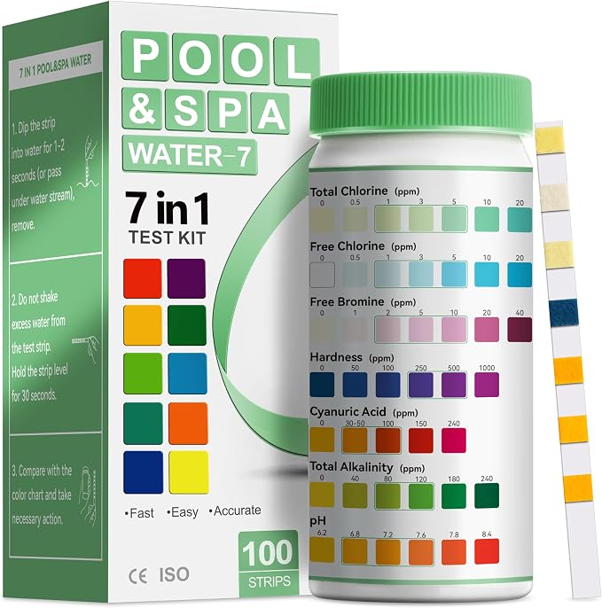 AAwipes Swimming Pool Test Kit 7 in 1 |100 Pool Test Strips | Pool PH Testing Kit Super Accurate Water Hardness Acid Test Kit Pool Maintenance Kit for Pool, Hot tub and Spa (K010)