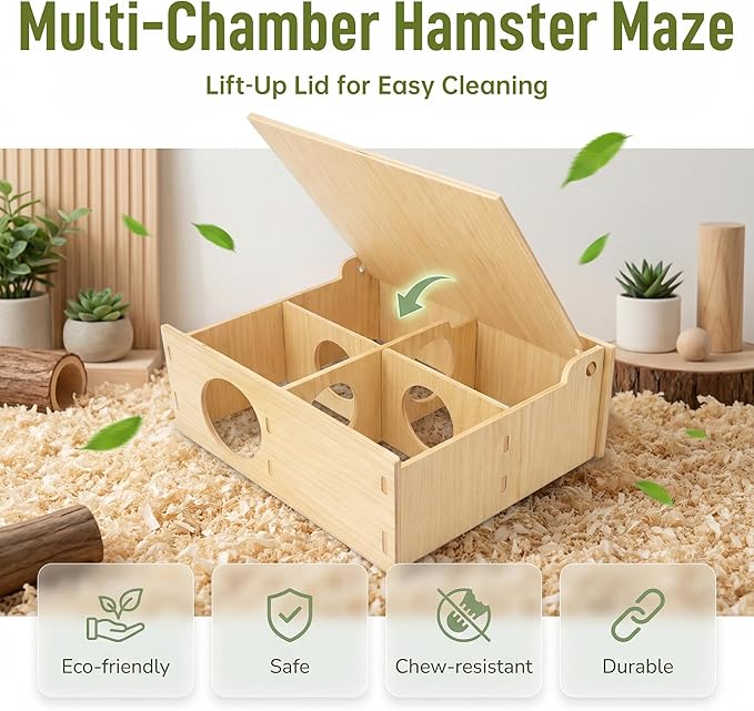 Hamster Tunnel Hideout Wooden House with Flip Cover, Small Pet Hamster Hideout Play Tunnel for Hamsters Mice Gerbils, Natural Wood Hamster House for Cage Explore Hide Rest