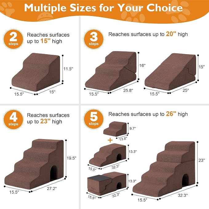 Dog Stairs for Small Dogs 16’’ H, 3-Step Dog Steps for Bed, Foldable Pet Stairs and Ramp for Dogs and Cats to Get on Beds, Couch, Non-Slip Balanced Pet Steps with Waterproof Cover, Brown