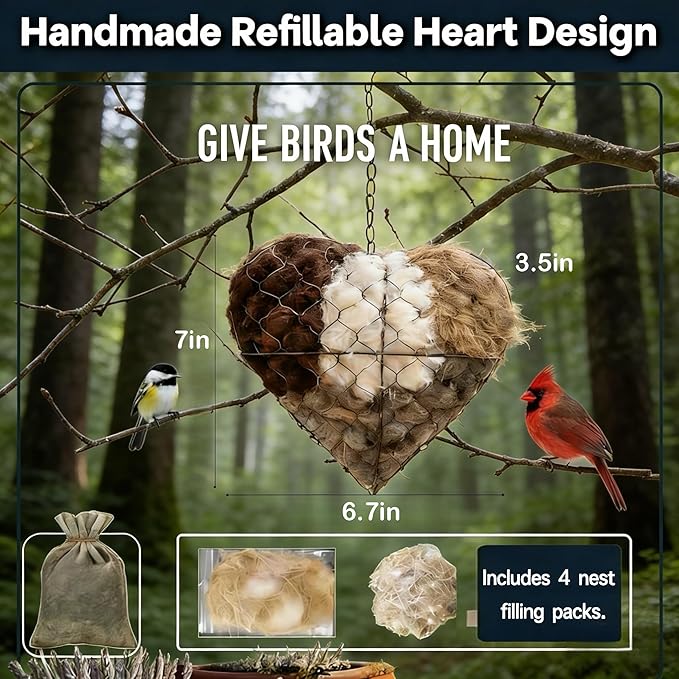 Handmade Alpaca Fiber Bird Nesting Heart with 4 Refill Bags, Reusable Nesting Material Accessory for Wild Birds, Outdoor Garden Decoration, Gift for Bird & Nature Lovers (2 Sets)