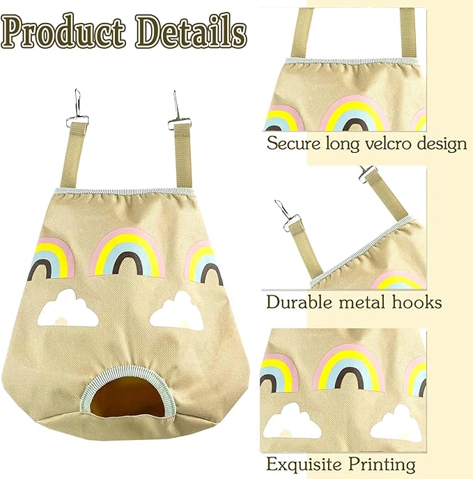 Rabbit Hay Feeder Bag for Guinea Pigs and Chinchillas | Cute Rainbow Design, Washable Oxford Cloth, Single Hole Timothy Hay Holder