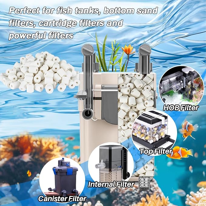 Sukh Ceramic Rings for Aquarium Filter - 15oz Bio Filter Media with 3 Bags | Highly Porous Water Cleaner for Pond & Canister Systems, Water Treatment, Essential Turtle & Fish Tank Accessories