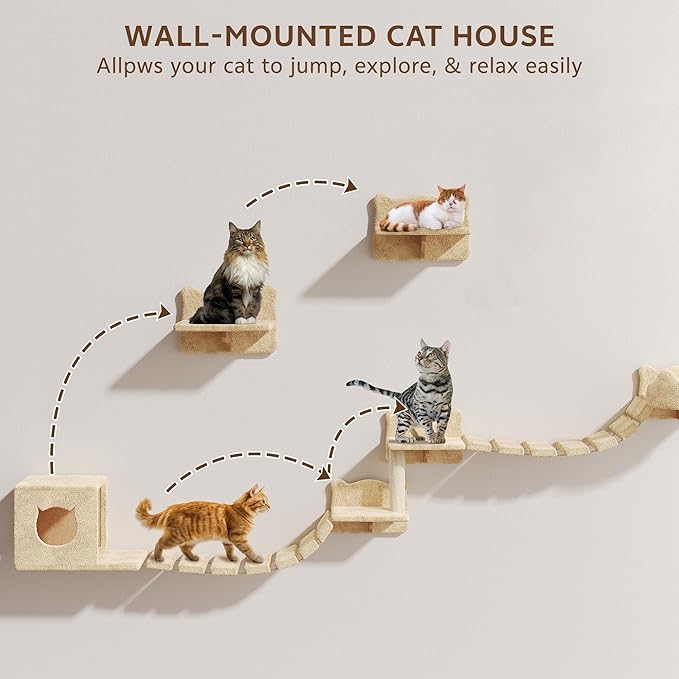 9-in-1 Cat Wall Shelves, Stable & Safe Wall Mounted Cats Shelf Furniture Set with Plush Fabric, Wooden Cat Climbing Wall Systems with Scratching Post, Bridge Ladder, Floor Space-Saving, Beige