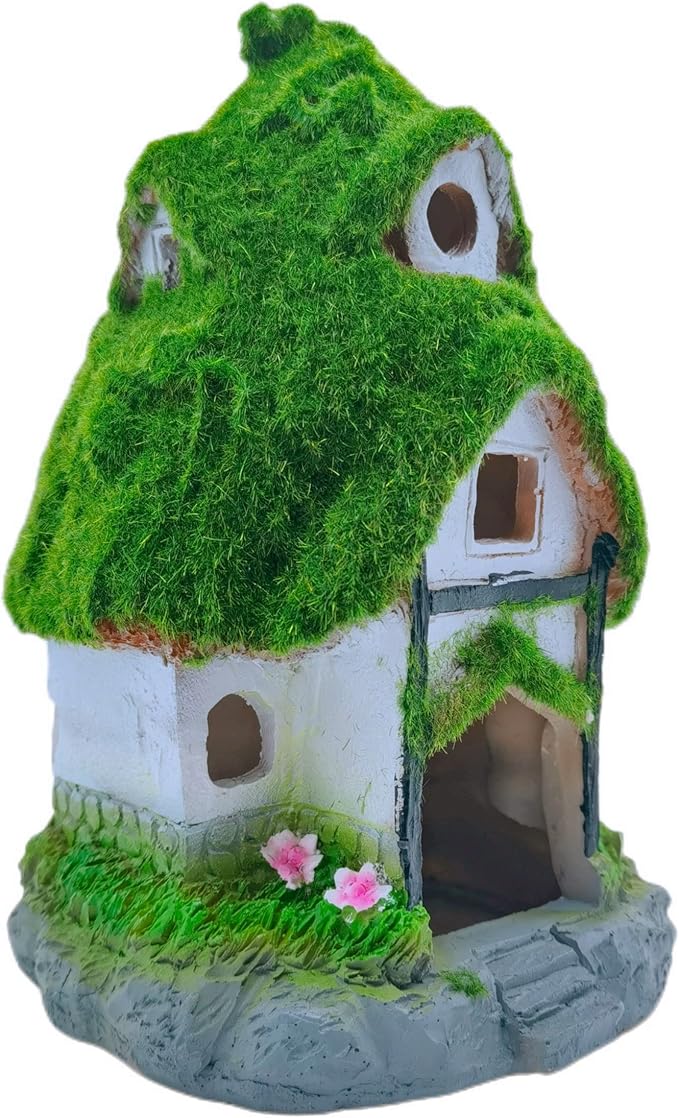 M2cbridge Aquarium Decorations Fish Hideout House Betta Cave Landscape Garden Decoration with Green Lifelike Moss (Garden Shed)