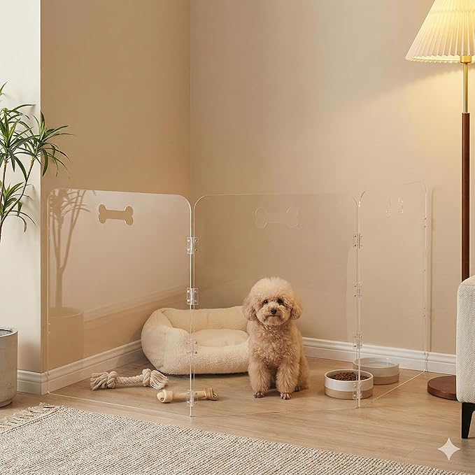 Clear Acrylic Freestanding Dog Gate, Folding Pet Barrier for House, Indoor Stairs & Doorways, Transparent Puppy Fence with Handles, Foldable Playpen for Small Dogs, Rabbit